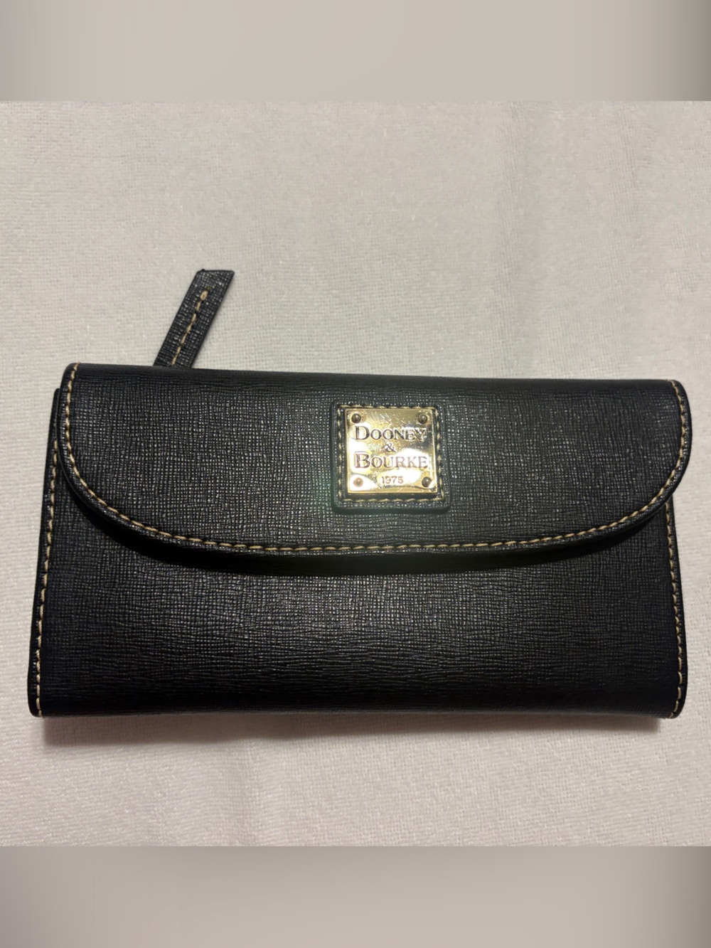 Dooney & Bourke Black Leather Folio Phone Wallet with Gold Plaque